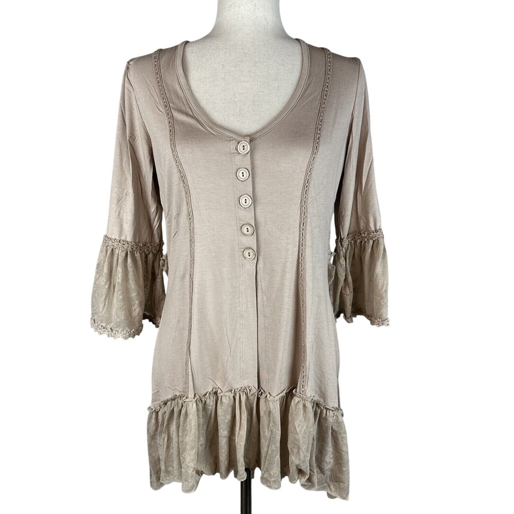 Gretty Zueger Womens Button Ruffle Jacket Top Size M Beige Lagenlook NEW